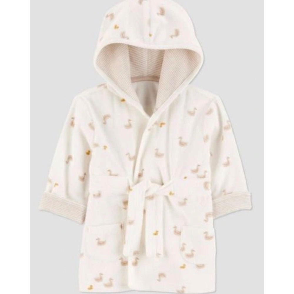Carters Just One You NWT Baby Hooded Bath Robe White Duck Print : 0-9M